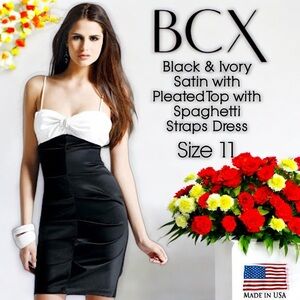 BCX Black & Ivory Satin with Pleated Top with Spaghetti Straps Dress